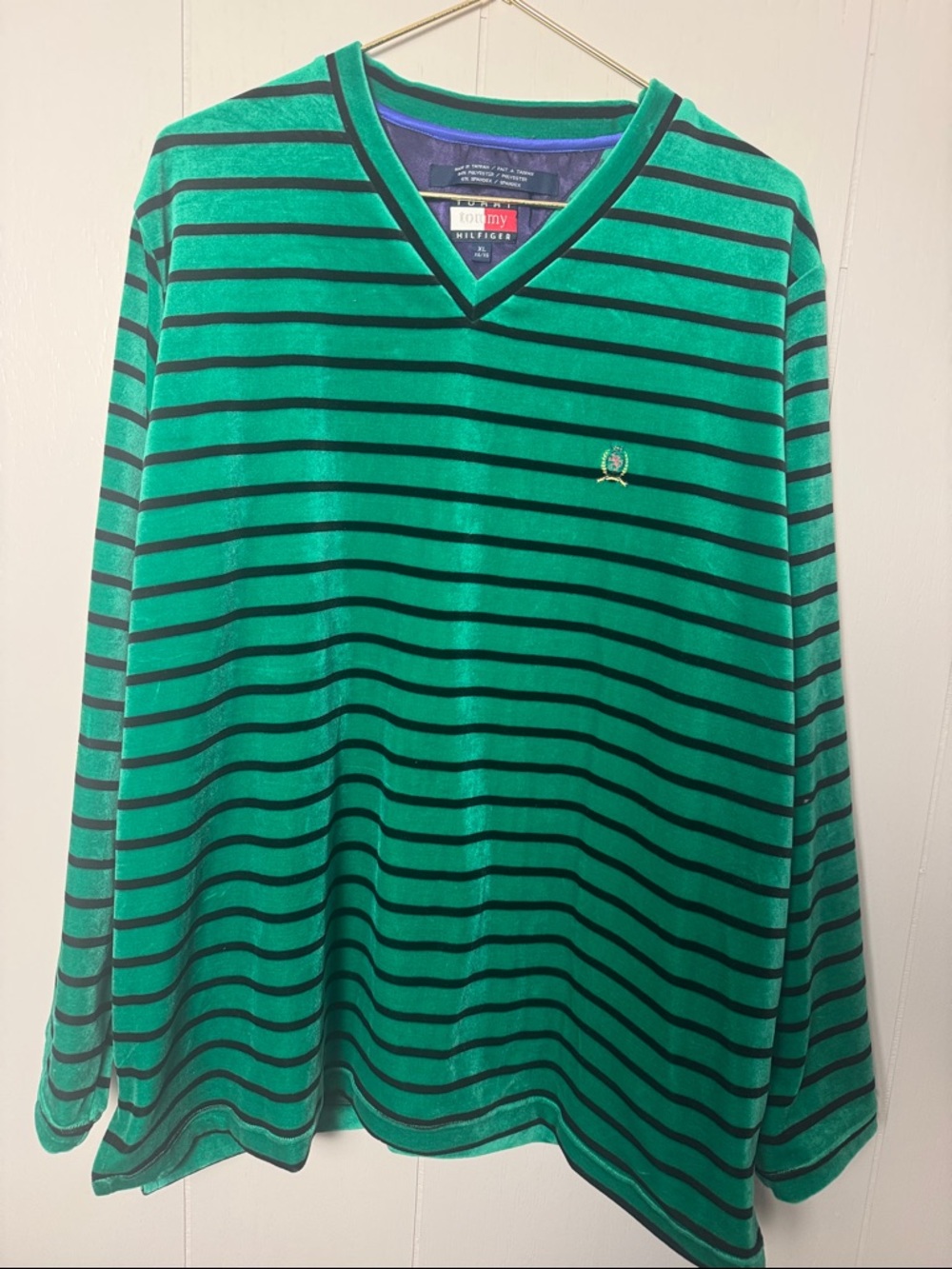 TOMMY HILFIGER Women's VINTAGE Striped Shirt VELOUR Green & Black Size XL Y2K